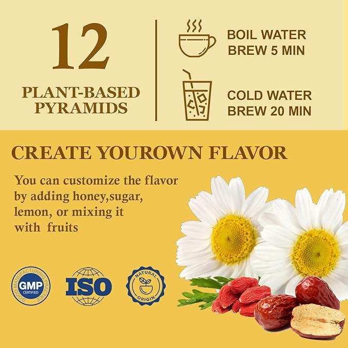 Harbique Chamomile & Jujube Herbal Tea Blend Red Dates & Goji Berries | Sleepytime Tea for stress relief | Postpartum Essentials for Mothers Milks Lactation, Hormone Balance|Organic,Caffeine-Free, Non-GMO|12 Tea Bags