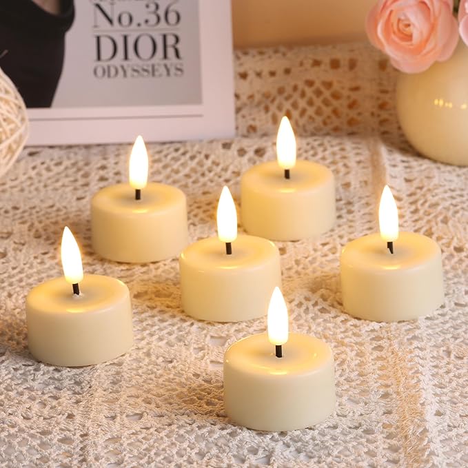 Eywamage Ivory Flameless Wax Tealights with Remote Batteries, Realistic Flickering LED Tea Votive Candles Set of 10