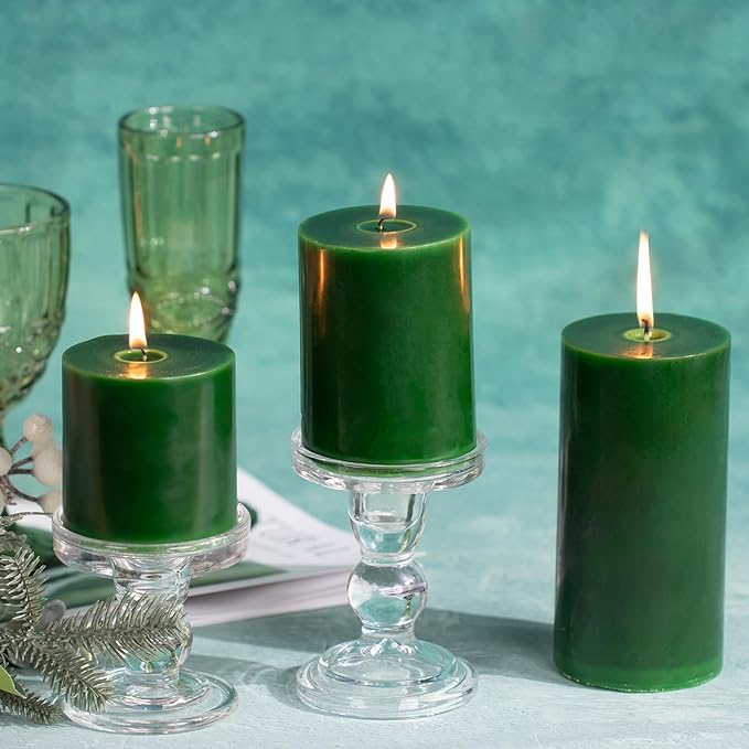 KONNI Navy Green Pillar Candles Set of 3, 3"x 3" Unscented Pillar Candles Bulk, 30 Hours Long Burning Candles, Smokeless&Dripless Large Round Candle for Wedding, Home Decoration, Parties, Spas, Dinner