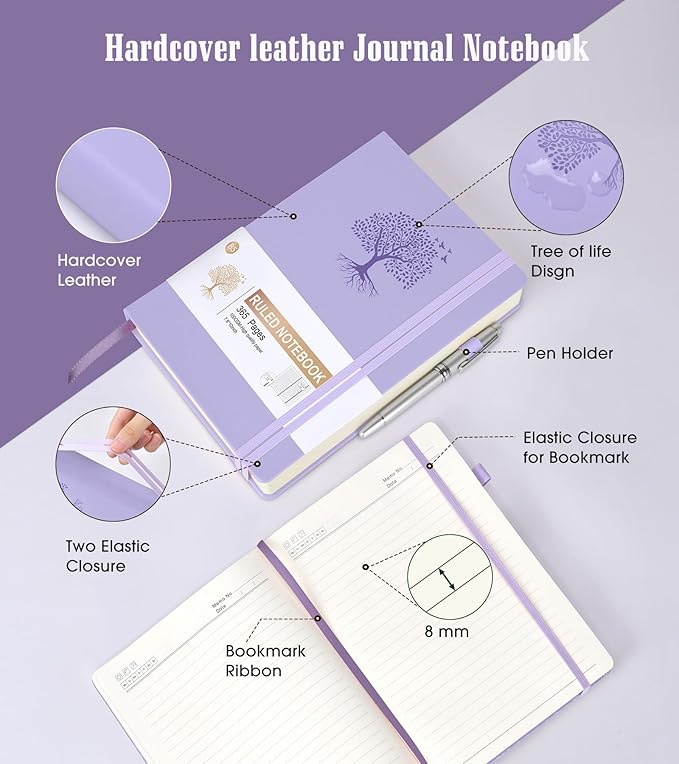 Lined Journal Notebook, 365 Pages B5 Large Journals for Writing Ruled Notebook, Hardcover Leather Journal for Women Men, Daily Notebook for Work, Note Taking, 100Gsm Thick Paper( 7.6'' X 10'' Purple)