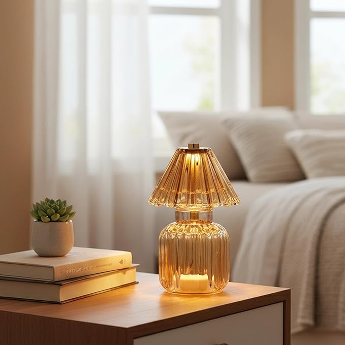 Battery Operated Lamp with Auto-Off Timer, Cordless Table Night Light for Bedroom & Entryway, Portable LED Lamp for Home, Outdoor, Camping No Battery Included (Umbrella Design - Amber)