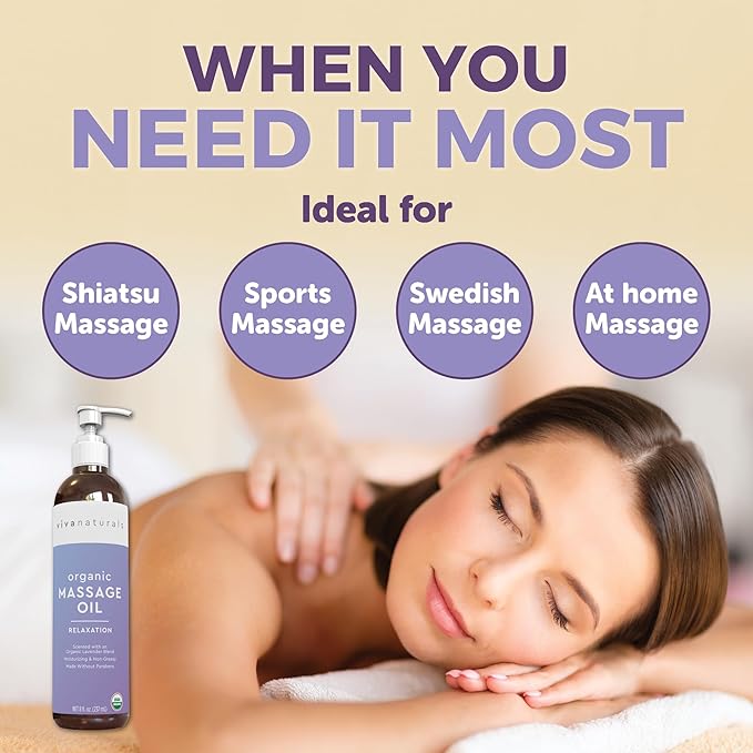 Viva Naturals Organic Massage Oil (8 fl. oz.) - Lavender Scented Non-Greasy Body Massage Oil with Mess-Free Pump, Moisturizing Massage Oils for Massage Therapy, Non-GMO and Certified Organic, 237 mL