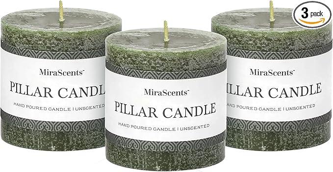 3x3 Inch Moss Green Pillar Candles Set of 3 - Unscented Spring Candles, Long Clean Burning, Large Big Candles, Smokeless Dripless Candles for Spring Home Decor, Dinner Table, Bathroom, Rustic Decor
