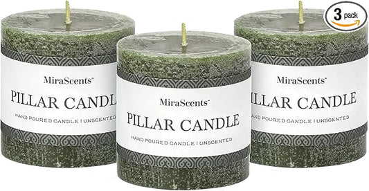 3x3 Inch Moss Green Pillar Candles Set of 3 - Unscented Spring Candles, Long Clean Burning, Large Big Candles, Smokeless Dripless Candles for Spring Home Decor, Dinner Table, Bathroom, Rustic Decor