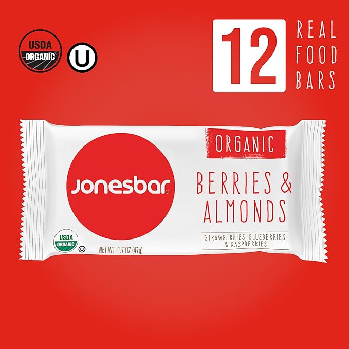 JONESBAR (Berries and Almonds, 12 Count (Pack of 1)), USDA Organic Fruit & Nut Bar, Non-GMO, Kosher, Vegan, Gluten Free, Simple Snack Bar