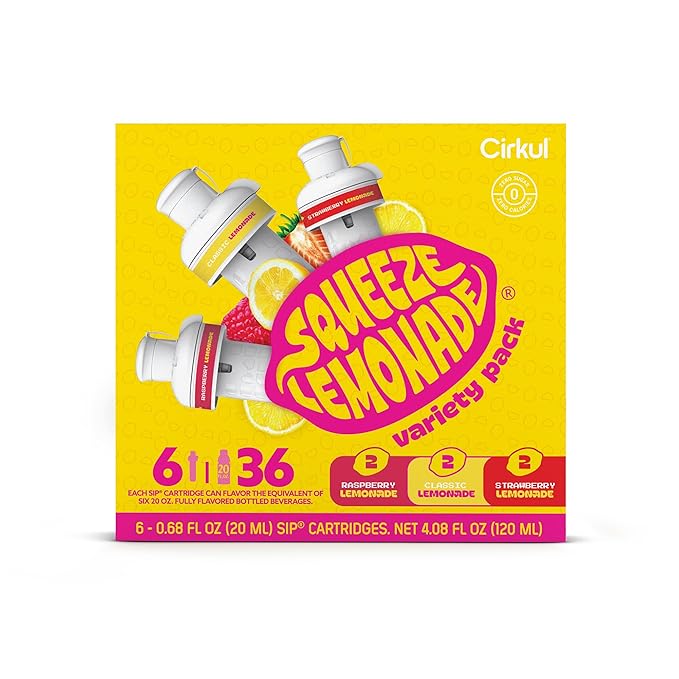 Cirkul Squeeze Lemonade B-Vitamins Flavor Water Variety Pack, Makes 36 Drinks, No Sugar, Zero Calorie Drink Mix, (2 Classic, 2 Strawberry, 2 Raspberry)