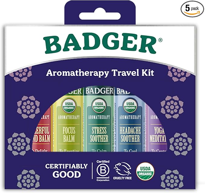 Badger Aromatherapy Travel Set, Organic Essential Oil Balm Variety Pack, Aromatherapy Gift Set, 1 Cheerful Mind, 1 Stress Soother, 1 Focus Balm, 1 Headache Soother, 1 Yoga & Meditation Balm, 5-Pack