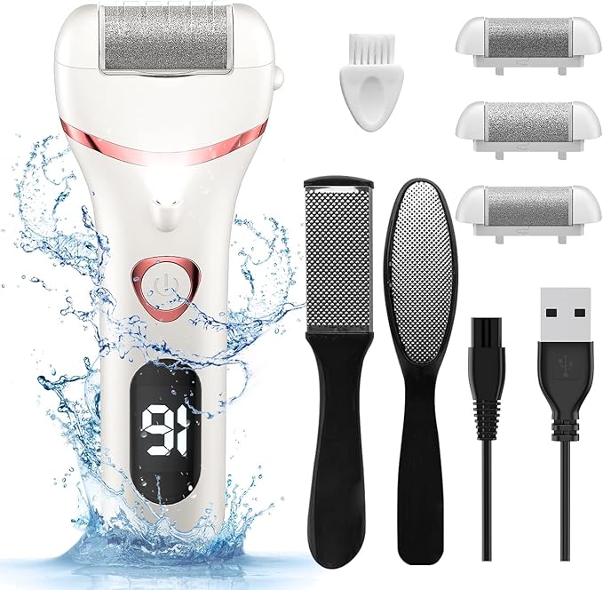 Electric Foot Callus Remover, Rechargeable Portable Electronic Foot File Pedicure Kits, Waterproof Foot Scrubber File, Professional Pedicure Tools, Foot Care for Dead Skin Ideal Gift, 3 Rollers