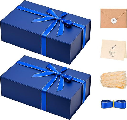 LIFELUM Navy Blue Gift Boxes 2 Pack 13.85 x 8.35 x 4.45 inch, Gift Box for Presents with Ribbon,Card,Shredded Paper Filler Magnetic Closure for Business, Father's Day, Holidays,Birthdays