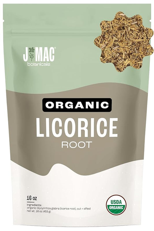 J MAC BOTANICALS Organic Licorice Root Tea, Cut and Sifted, Dried Herb, regaliz Raiz organico