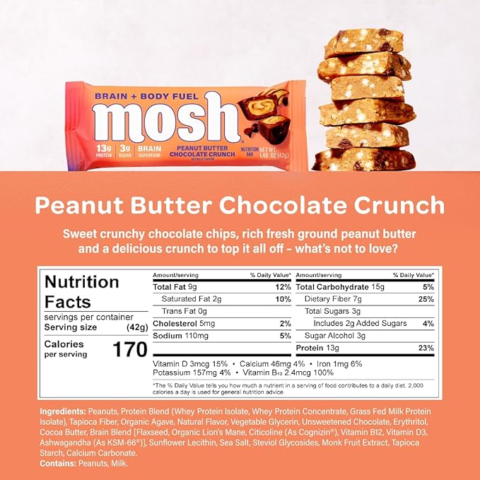 MOSH Peanut Butter Chocolate Keto Protein Bars, High Fiber, Low Carb, Gluten Free, High Protein, Brain Healthy Snack, 12 Count