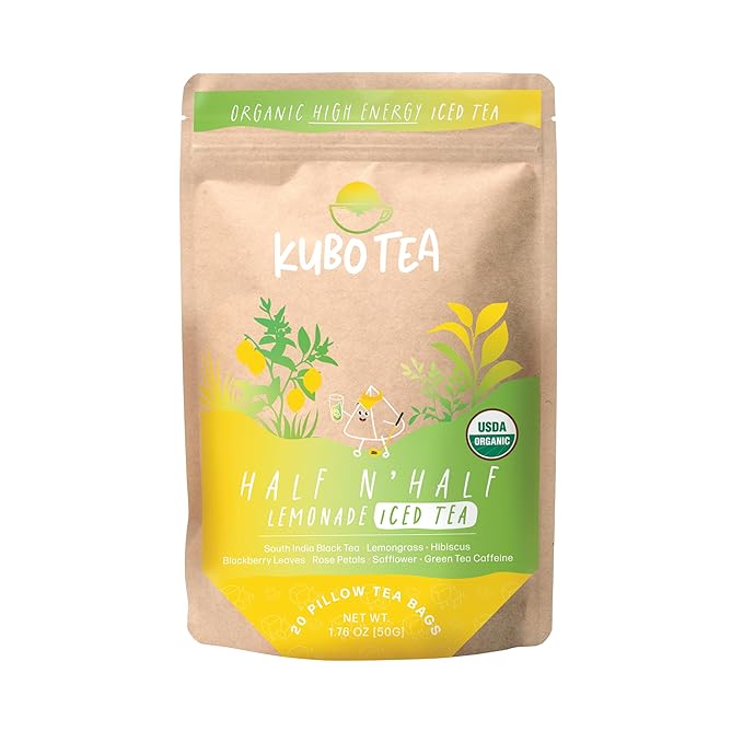 Kubo Tea Organic High Energy Iced Tea - High Caffeine Coffee Substitute with 20 Servings (155mg Caffeine each) - Pillow Tea Bags - Half & Half Lemonade Flavor w/Compostable & Biodegradable Packaging