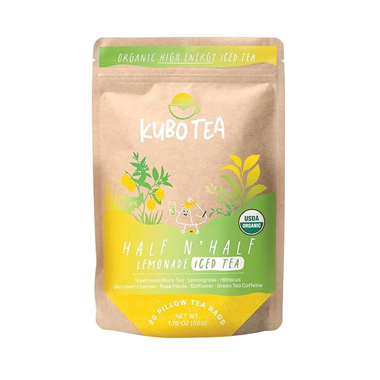Kubo Tea Organic High Energy Iced Tea - High Caffeine Coffee Substitute with 20 Servings (155mg Caffeine each) - Pillow Tea Bags - Half & Half Lemonade Flavor w/Compostable & Biodegradable Packaging
