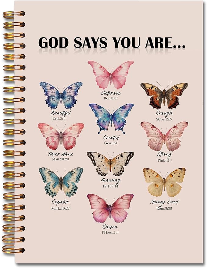 Butterfly Christian Spiral Notebooks, God Says You Are Bible Journal, Scripture Journals for Writing, Christian Gifts for Women, Religious Notebook for Note Taking, 5.5x8.3 Inch