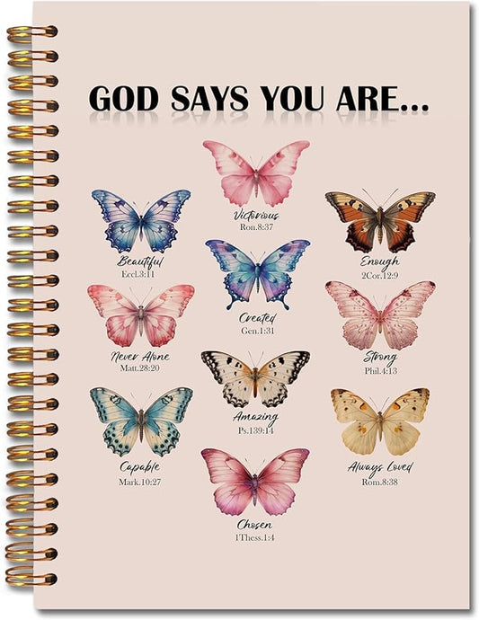 Butterfly Christian Spiral Notebooks, God Says You Are Bible Journal, Scripture Journals for Writing, Christian Gifts for Women, Religious Notebook for Note Taking, 5.5x8.3 Inch