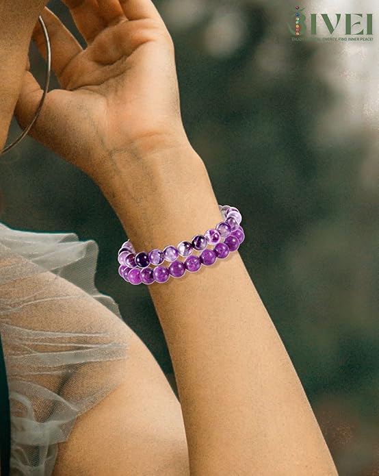 Bivei Natural Gemstone Semi Precious Healing Crystals Handmade Stretchy Round Beads Bracelet, Enhance Positive Energy