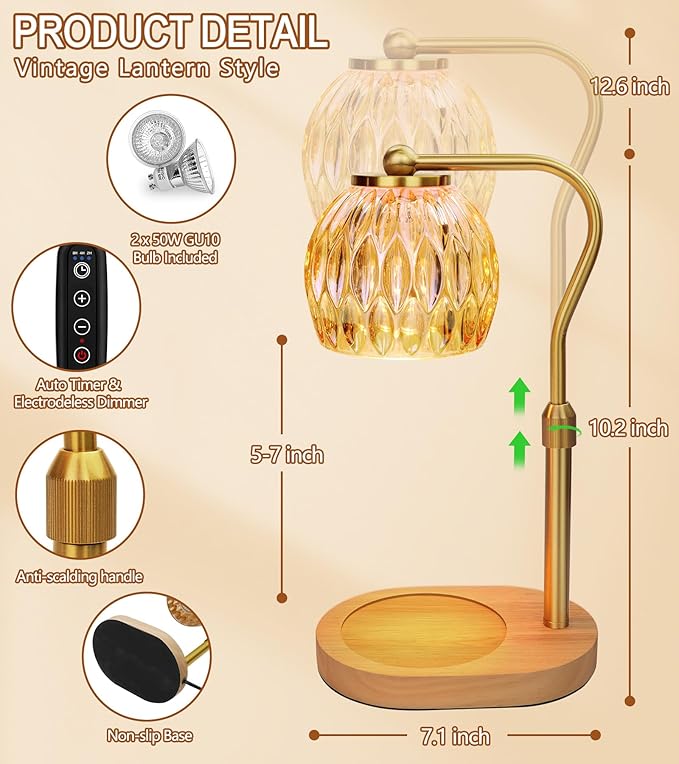 Candle Warmer Lamp, Adjustable Height Gold Candle Warmer Lamp with Timer Dimmer, Birthday Gifts for Women Mom, Dad and Fathers, House Warming Gifts New Home Room Decor, Scented Wax Candle Melt Warmer