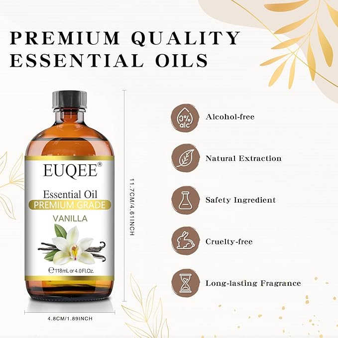 EUQEE Vanilla Essential Oil 118 ml Premium Vanilla Oil with Glass Dropper, Great for Diffusers, Aromatherapy, Candle Making, DIY Soap - 4Fl.Oz
