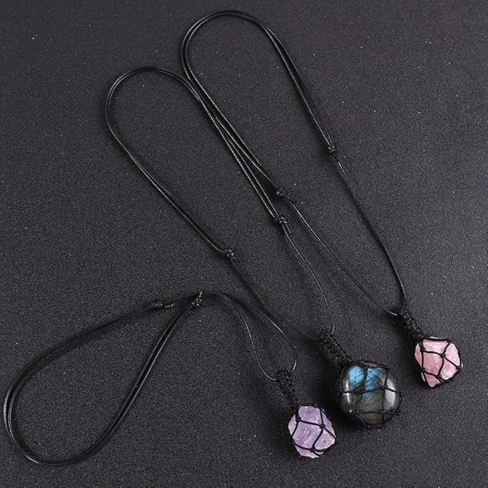 Handmade Natural Gemstone Crystal Pendant Necklace Stone Holder Necklace Cord Net Necklace with Adjustable Length for Women Men