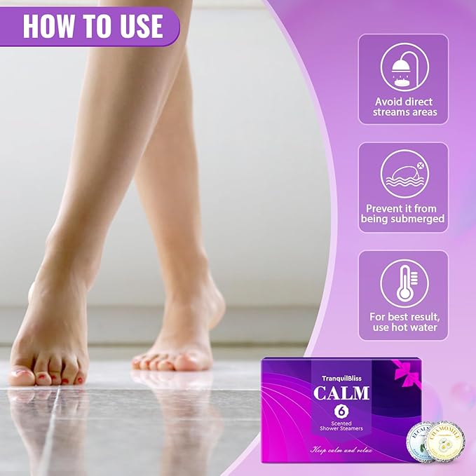 TranquilBliss Shower Steamers, Shower Bombs with Natural Fragrance, Self Care& Relaxation, Mother's Day, Christmas Birthday for Women and Mom, Individually Packaged, Purple Set 1 Packs（6 Tablets）