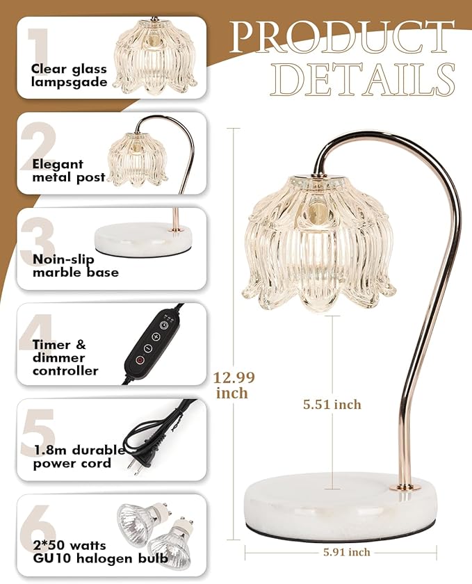 Candle Warmer Lamp with Timer & Dimmable, Height Adjustable Christmas Candle Warming Lamp Gift, Birthday Gifts for Women Mom, House Warming Gifts New Home Marble Base Wax Melt Warmer for Jar Candles