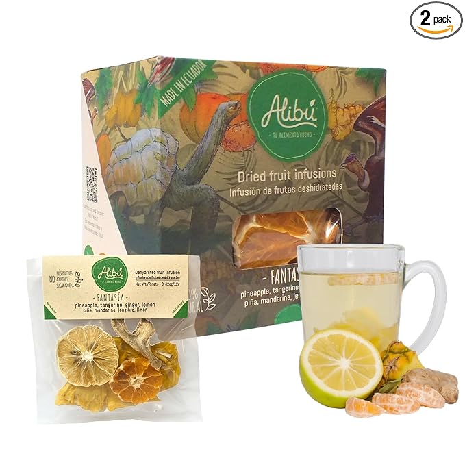 Alibú Dried Fruit Tea Infusions - Fantasia - Pineapple, Lemon, Ginger, Tangerine - Dried Fruit Drink – Vegan, Gluten Free, 100% Natural, Caffeine Free - Box of 2.12 oz (Fantasia)