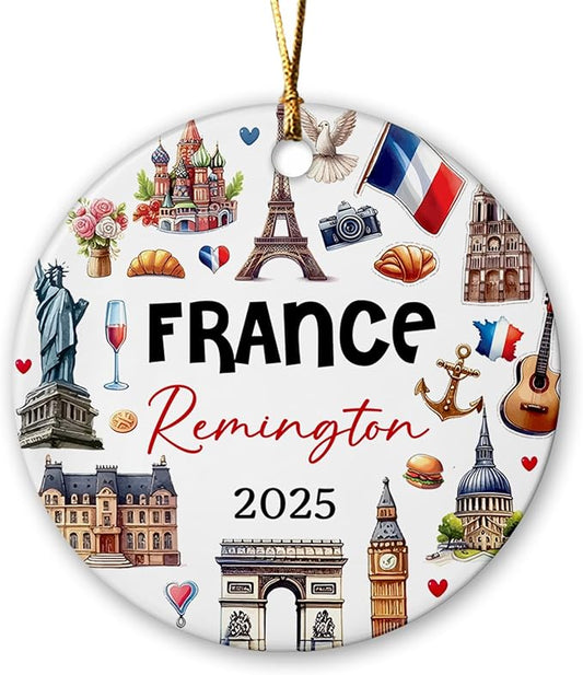 France Ceramic Ornament Christmas 2025, Personalized Paris Culture and Landmarks Xmas Decor, France City Souvenir Christmas Ornament Gifts for Traveller, Custom Name Classical France Ceramic Ornament