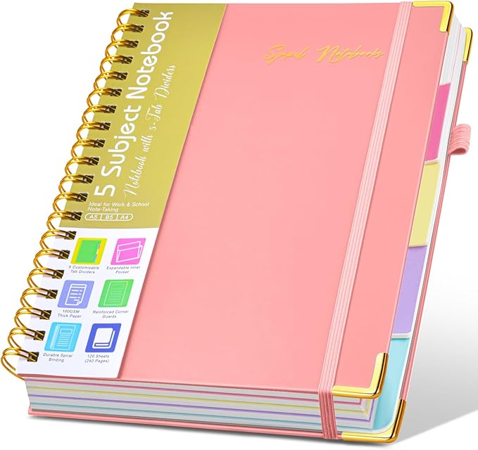 Hardcover Spiral Notebooks for Work, 5 Subject Notebook College Ruled with Dividers Tabs, 8.5" x 11" Lined Notebook Journal for Women, A4 Large Notebooks for School Note Taking, 240 Pages Pink