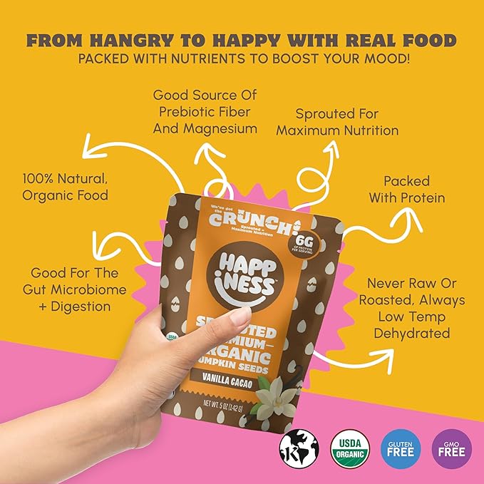 Happiness Foods™ Vanilla Cacao – Sprouted Organic Raw Pumpkin Seeds – High Protein, Certified USDA Organic, Non-GMO, Low Carb, Vegan, Gluten-Free, Mood Booster Snacks – 5 oz