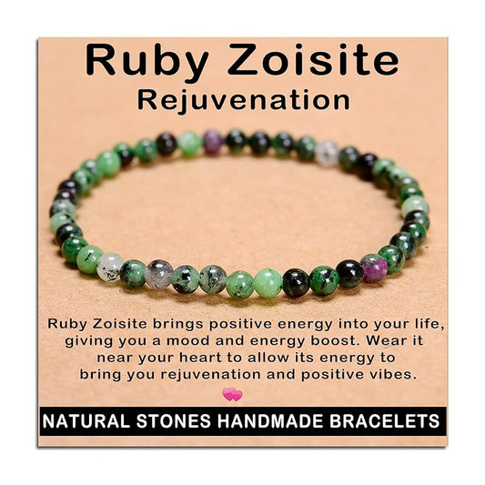 AD Beads Handmade Gemstone Stretch Elastic Bracelet Crystal Healing Reiki Nature's Beauty and Spiritual Essence Unisex (4mm, Ruby Zoisite (Rejuvenation))