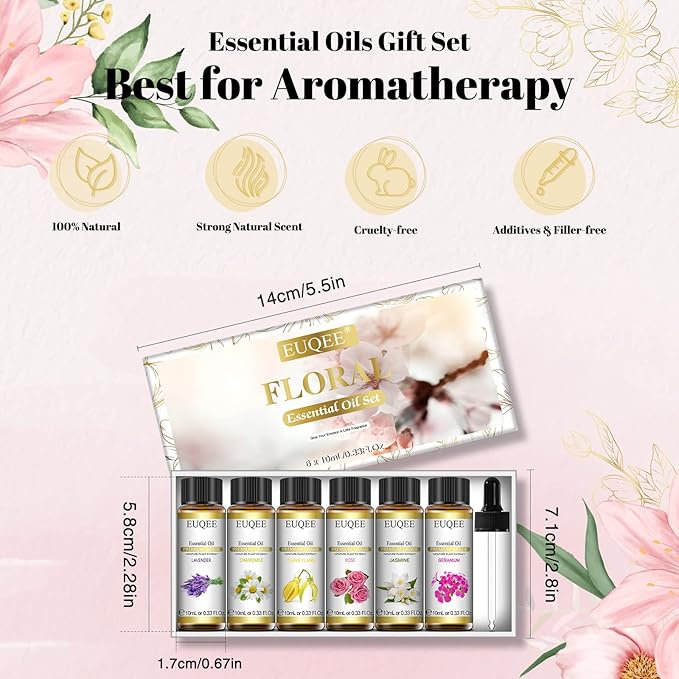 EUQEE Floral Essential Oils Set of 6 Pure Essential Oil Gift Set for Diffusers, Soap & Candle Making - Lavender, Rose, Ylang Ylang, Jasmine, Geranium, Chamomile Aromatherapy Oils - 10ml