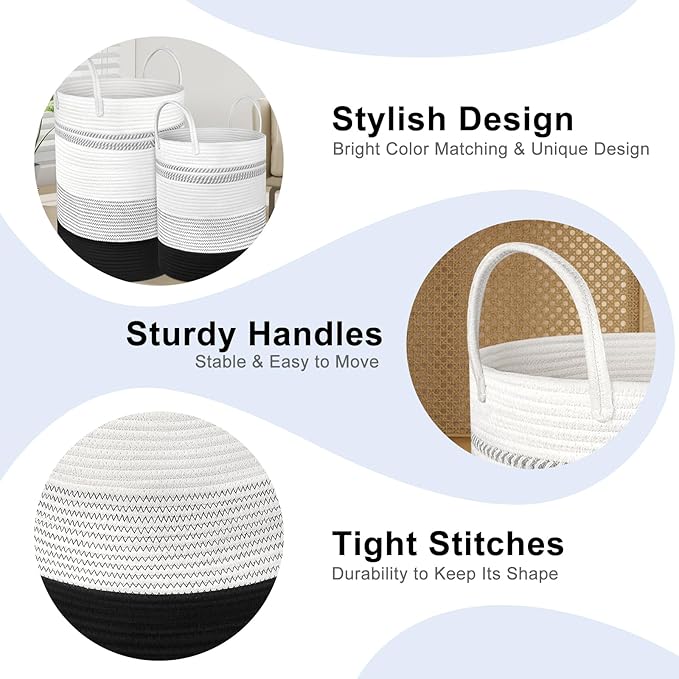 2 Pack Large Tall Rope Laundry Baskets, Cotton Laundry Hamper, Dirty Clothes Hampers Woven Basket, Blanket Basket Storage for Living Room, Dirty Clothes Baskets for Bedroom, Baby Room, 58L&28L Black