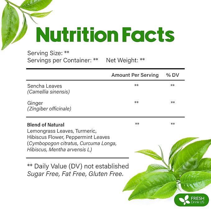 FreshDrinkUS, Premium Green Ginger Tea | 75 Tea Bags | Sencha Green Tea with Ginger, Lemongrass, Turmeric, Hibiscus & Peppermint | Natural Herbal Blend | Comfort & Refreshing, Vegan