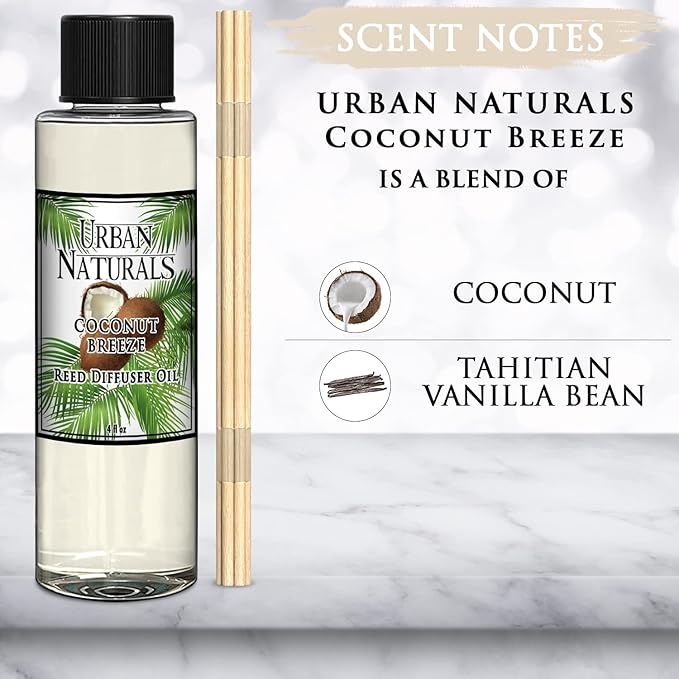 Urban Naturals Coconut Breeze Scented Oil Reed Diffuser Refill | Includes a Free Set of Reed Sticks! Warm Coconut, Pineapple and Tahitian Vanilla – 4 oz. Made in The USA