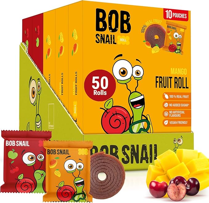 Bob Snail Exotic Mix Fruit Roll Ups – Healthy Sweets, Real Dried Fruits Snacks, No Added Sugar, Vegan, Nut Free, Candy for Adults and Kids – Flavour 50 pcs, 500g (Sour Cherry & Mango)