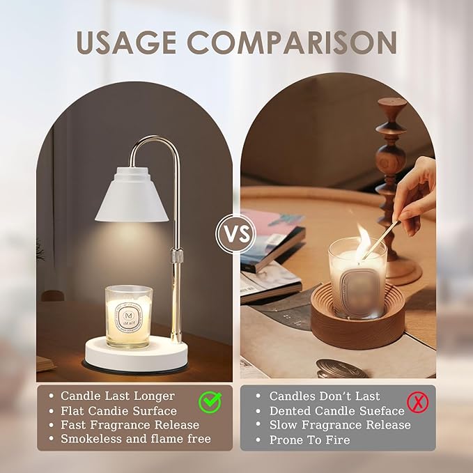 Candle Warmer Lamp with Timer - Dimmable Melting Light with 2 Bulbs, Height Adjustable Wax Lamp for Bedroom, Home Decor Gift, Electric Lamp for Jar Candles, White