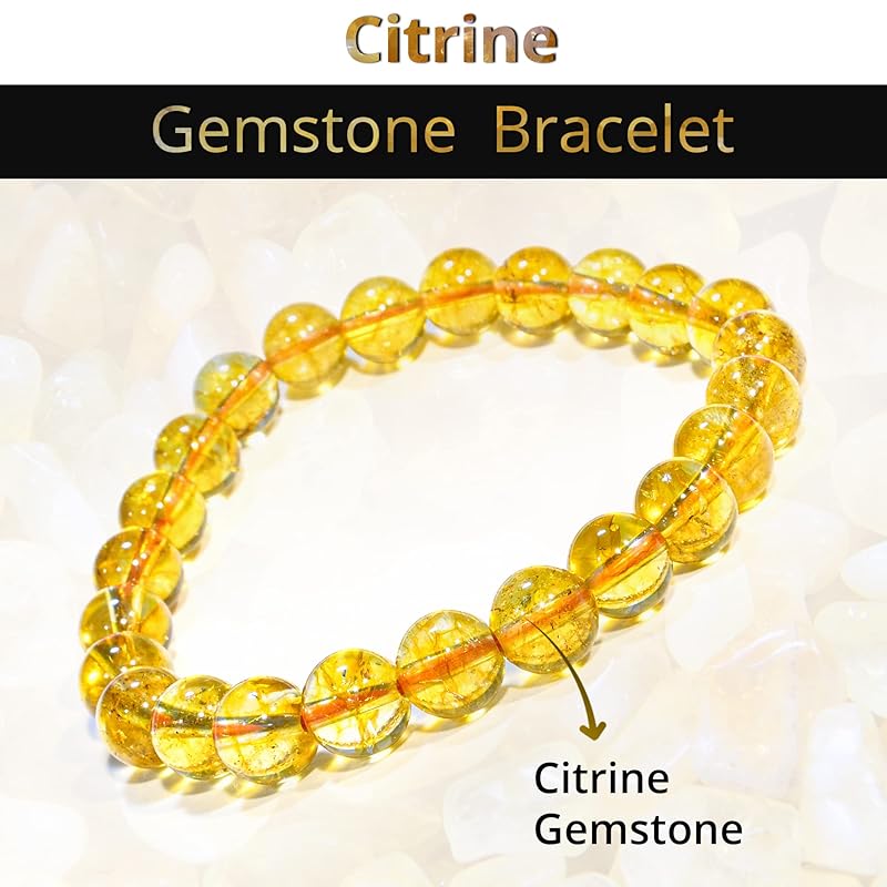 Citrine Bracelet, Natural Healing Crystal Bracelet for Women and Men, 8mm Round Beaded Bracelet for Spiritual, Protection, Positive Energy, Elastic Adjustable Size Gemstone Bead Bracelet