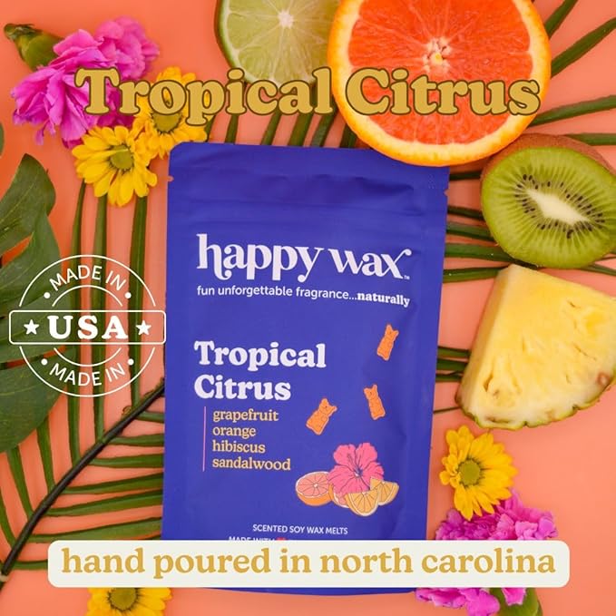 Happy Wax Tropical Citrus Scented Bear Wax Melts - Natural Strong Scented Summer Wax Melts Infused w/Essential Oils - Non Toxic Wax Melt & Pet Safe Wax Melts - (8 oz Pouch)