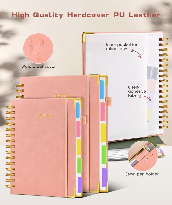 Hardcover Spiral Notebook journal with Removable Dividers Tabs, 300 Pages Leather 5 Subject Notebook College Ruled, 100GMS A5 Notebooks for Work School Note taking,Lined Journal for Women,A5-Pink
