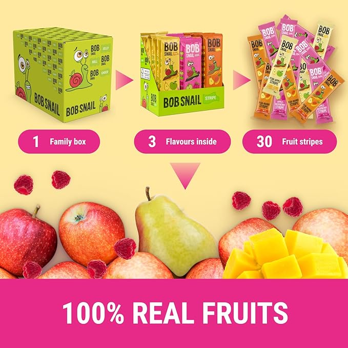 BOB SNAIL Healthy Organic Fruit Snacks for Kids and Adults – 30 Organic Fruit Leather Snacks with Pear-Apple, Raspberry, Mango – Vegan Low-Carb Variety Pack Strips for Kids – Sugar Free Jerky Bars