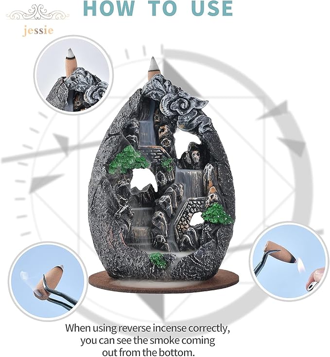 Backflow Incense Holder Resin Mountain Incense Burner Fountain Waterfall Incense Holders Home Decor with 120 Pcs Backflow Incense Cones 30 Pcs Incense Sticks (Creek)