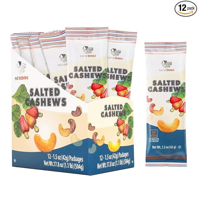 NEWBAM Lightly Salted Cashews Individual Packs - 12 Cashew Snack Packs Roasted Nuts (1.5oz Each) – Keto, Vegan, Gluten-Free - Healthy Snacks for Trail Mix, Office, or Party - Zero Sugar
