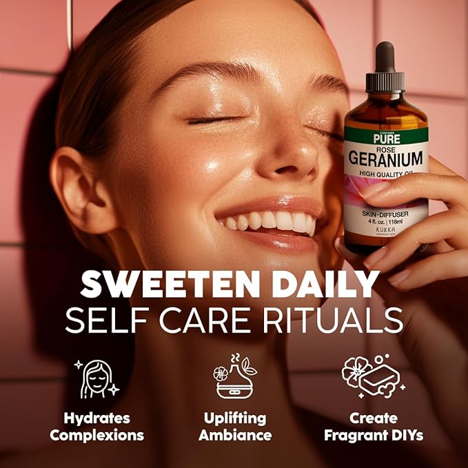 KUKKA Rose Geranium Essential Oils - 4 Fl Oz - for Hair, Skin, Diffuser, Aromatherapy & DIY Soap Making Scent