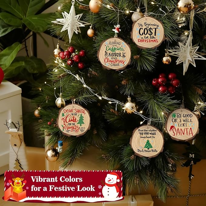 5pcs Vintage Christmas Decor Ornaments Wood Slices Christmas Tree Decorations Wooden Decorative Hanging Ornaments with Hemp Rope for Holiday Party Home Outdoor Indoor 3×3 Inch