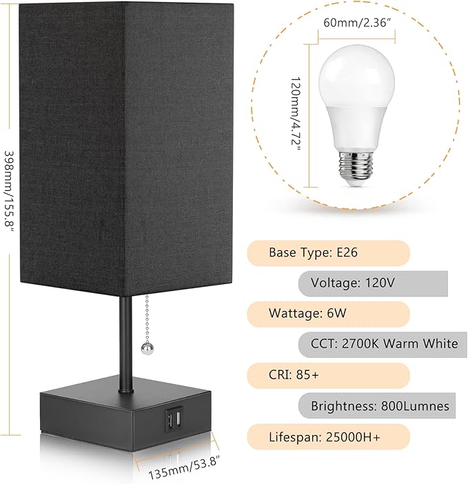 GGOYING USB Bedside Table Lamp, Pull Chain Nightstand Table Lamp with 2700K LED Bulb, Black Fabric Linen Lampshade, USB C+A Charging Ports for Living Room Bedroom Office