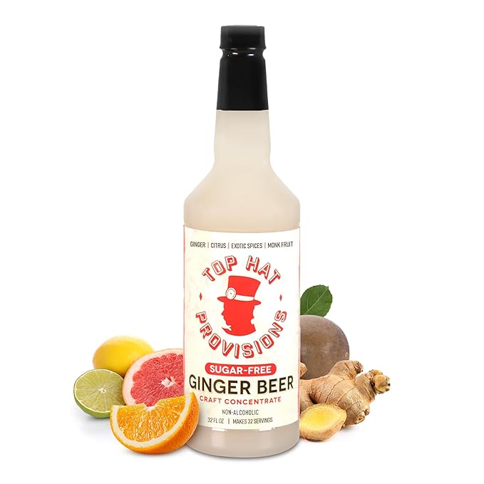Top Hat Keto Sugar Free Diet Ginger Beer Syrup - Made with Organic Monk Fruit – Zero Sugar Ginger Syrup for Soda Makers - Makes 32 Craft Sodas, Cocktails, Mules or Mocktails - Compatible with SodaStream - 32oz bottle