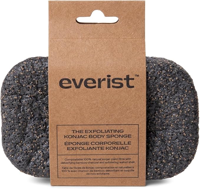 Everist The Exfoliating Konjac Body Sponge, Natural, Reusable, Compostable Bath Sponge for Sensitive Skin, Charcoal Cleansing, 60+ Uses, 1 Each