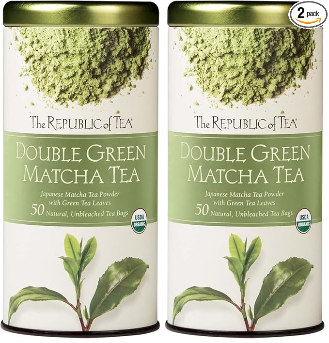 The Republic of Tea - Organic Double Green Matcha, Naturally Caffeinated Japanese Green Tea Powder and Leaves, Steeps 50 Cups (Pack of 2)