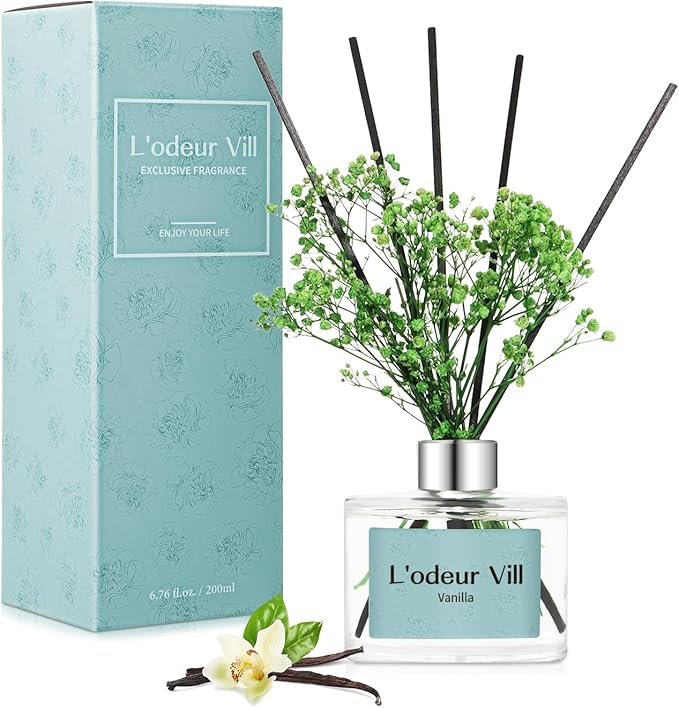L'odeur Vill Reed Diffuser Set, 6.7 oz(200ml) Vanilla Scented Diffuser with 6 Oil Diffuser Sticks, Home Fragrance Essential Oil Reed Diffuser for Home Large Rooms Bathroom Shelf Decor
