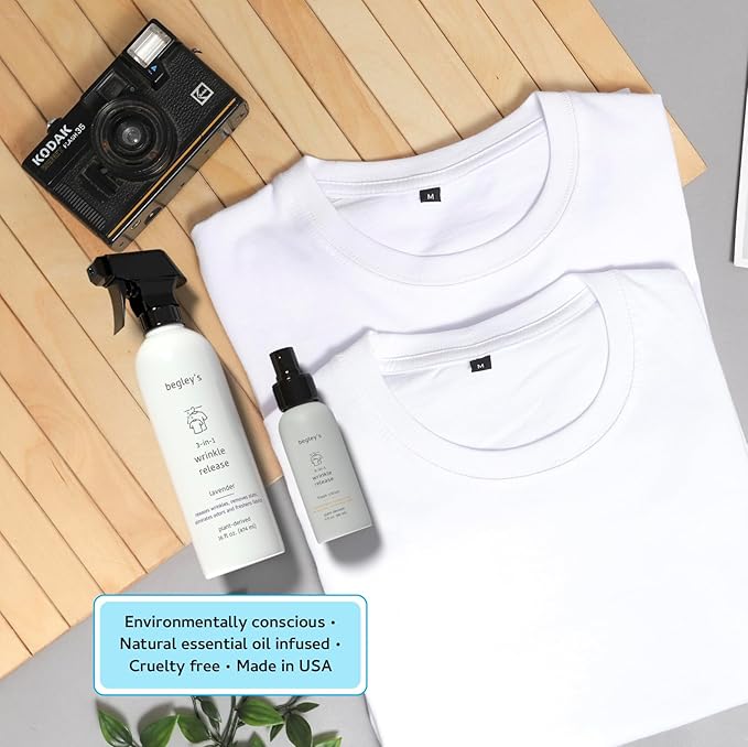 Begley's 3-in-1 Wrinkle Remover, Quick Fix Wrinkle Release, Static Cling Remover, Odor Eliminator and Fabric Refresher Spray - USDA Certified Biobased - Lavender, 3 oz Travel Size